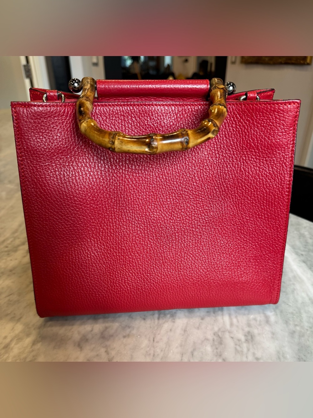 Anna Cecere Red Italian Leather Bamboo Handle Tote Bag Made in Italy